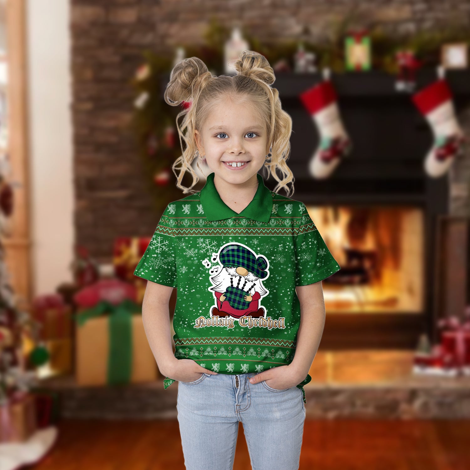 Abercrombie Clan Christmas Family Polo Shirt with Funny Gnome Playing Bagpipes Kid's Polo Shirt Green - Tartanvibesclothing