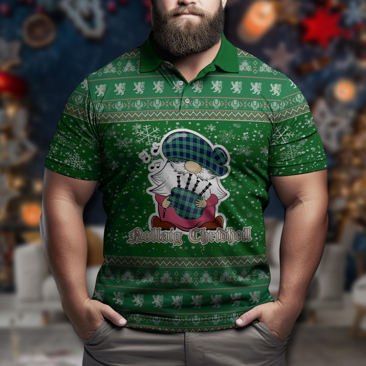 Abercrombie Clan Christmas Family Polo Shirt with Funny Gnome Playing Bagpipes Men's Polo Shirt Green - Tartanvibesclothing