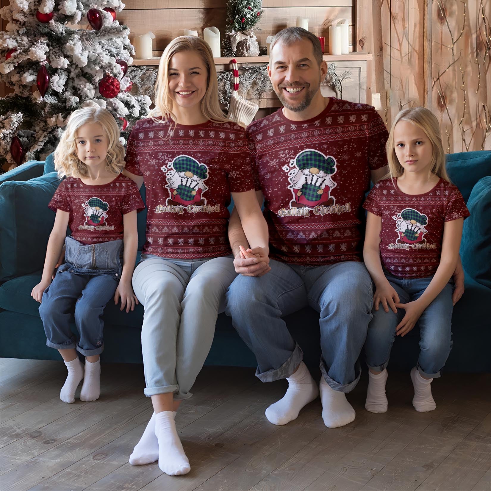 Abercrombie Clan Christmas Family T-Shirt with Funny Gnome Playing Bagpipes Red - Tartanvibesclothing