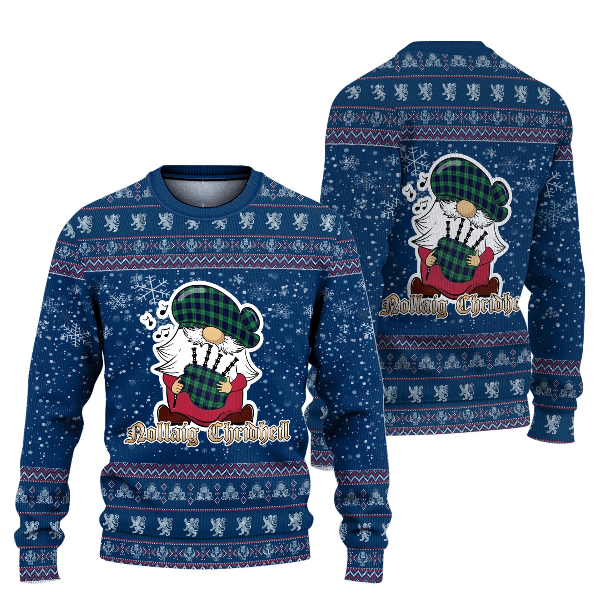 Abercrombie Clan Christmas Family Knitted Sweater with Funny Gnome Playing Bagpipes Unisex Blue - Tartanvibesclothing