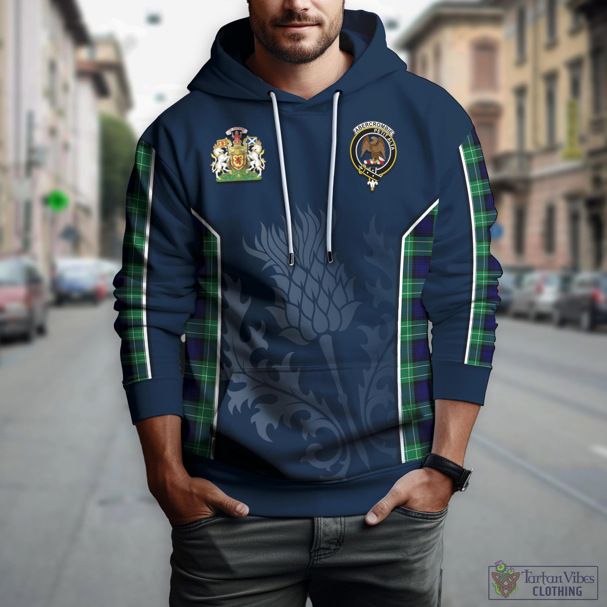 Tartan Vibes Clothing Abercrombie Tartan Hoodie with Family Crest and Scottish Thistle Vibes Sport Style