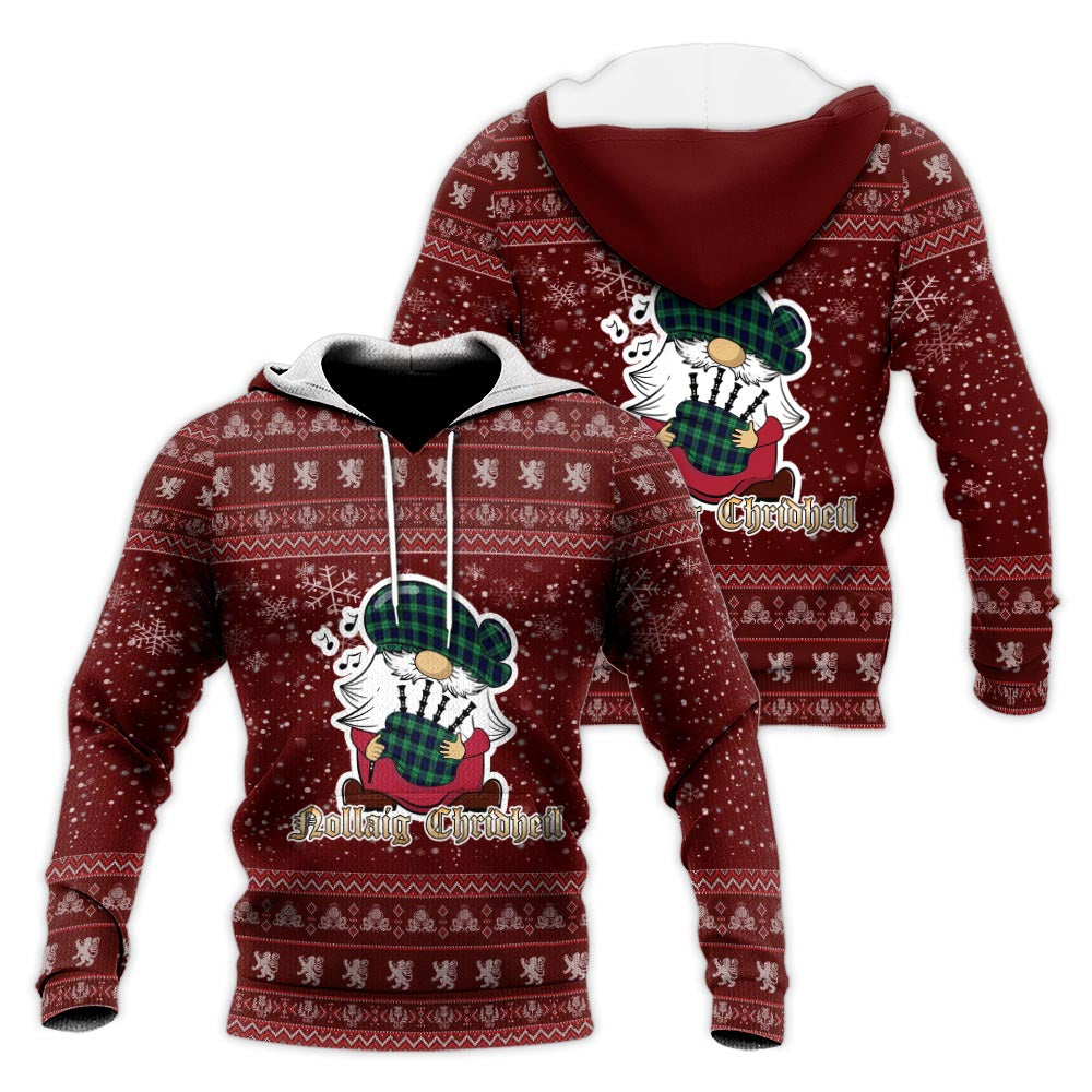 Abercrombie Clan Christmas Knitted Hoodie with Funny Gnome Playing Bagpipes Red - Tartanvibesclothing