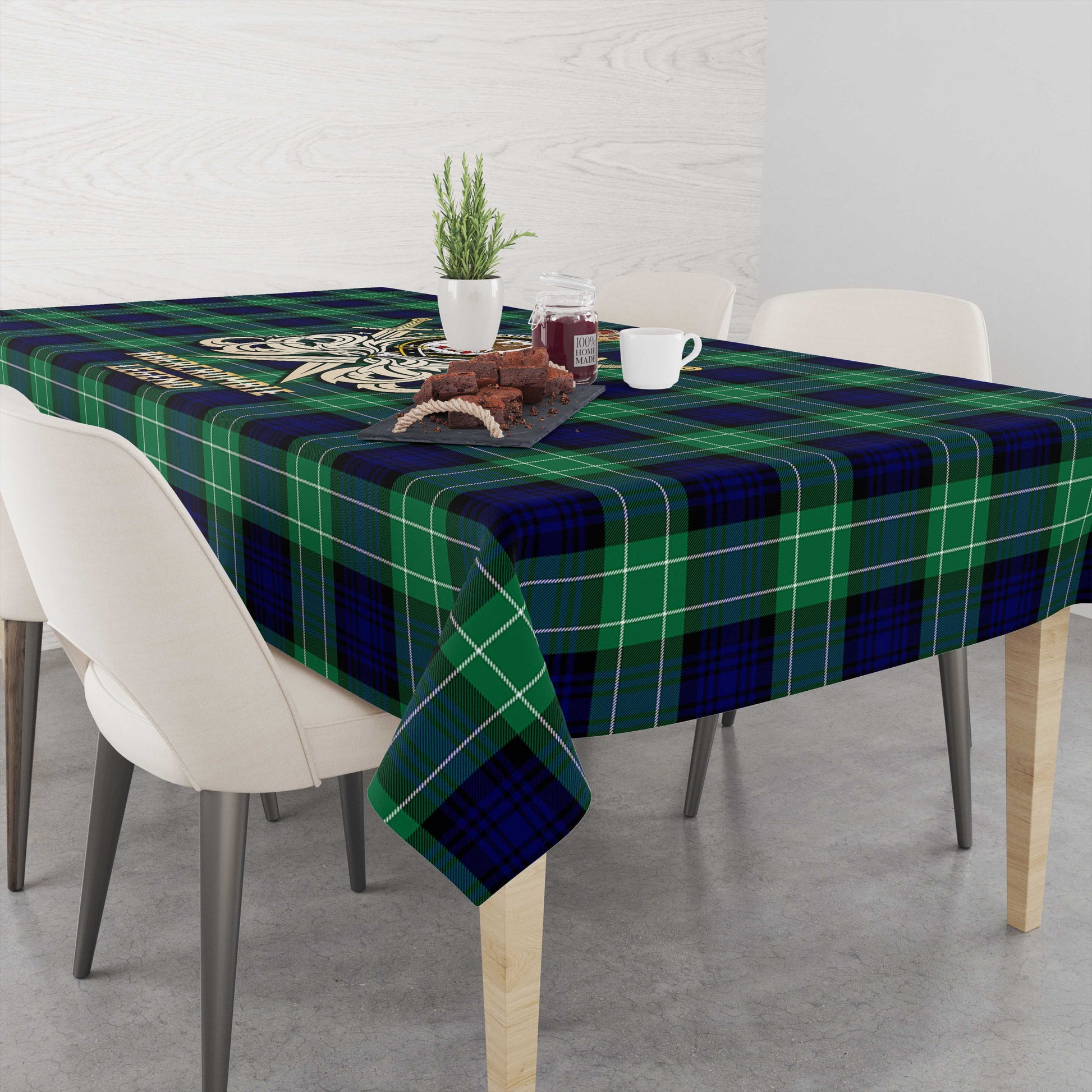 Tartan Vibes Clothing Abercrombie Tartan Tablecloth with Clan Crest and the Golden Sword of Courageous Legacy