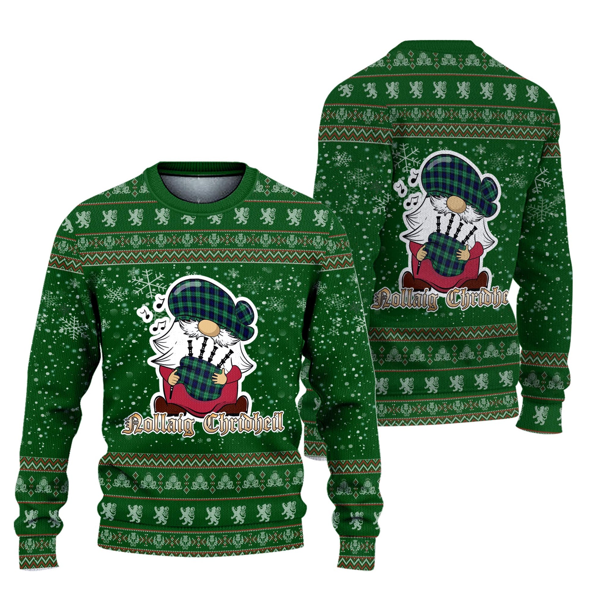 Abercrombie Clan Christmas Family Knitted Sweater with Funny Gnome Playing Bagpipes Unisex Green - Tartanvibesclothing
