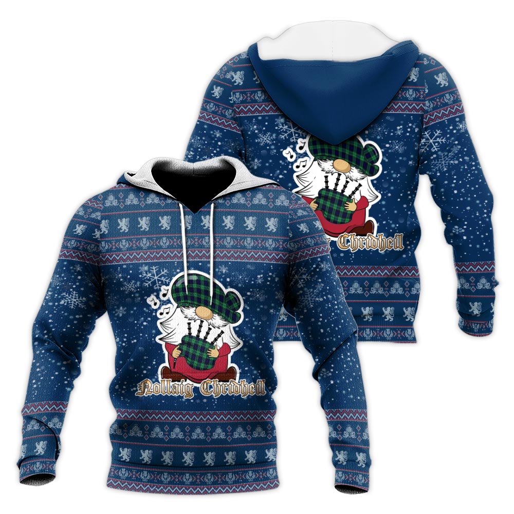 Abercrombie Clan Christmas Knitted Hoodie with Funny Gnome Playing Bagpipes Blue - Tartanvibesclothing