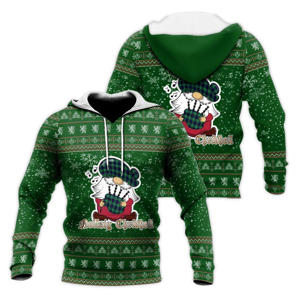 Abercrombie Clan Christmas Knitted Hoodie with Funny Gnome Playing Bagpipes Green - Tartanvibesclothing