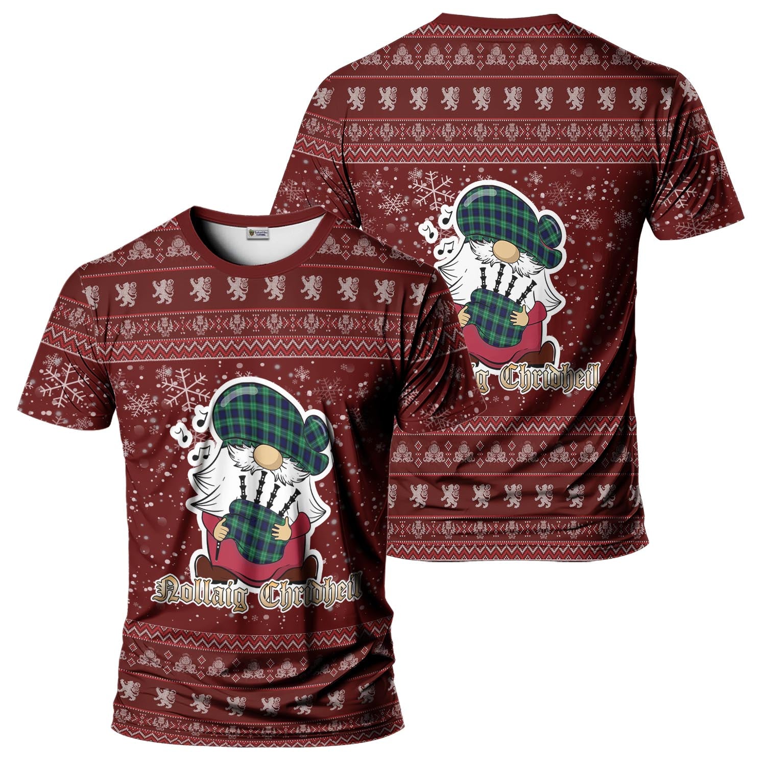 Abercrombie Clan Christmas Family T-Shirt with Funny Gnome Playing Bagpipes - Tartanvibesclothing