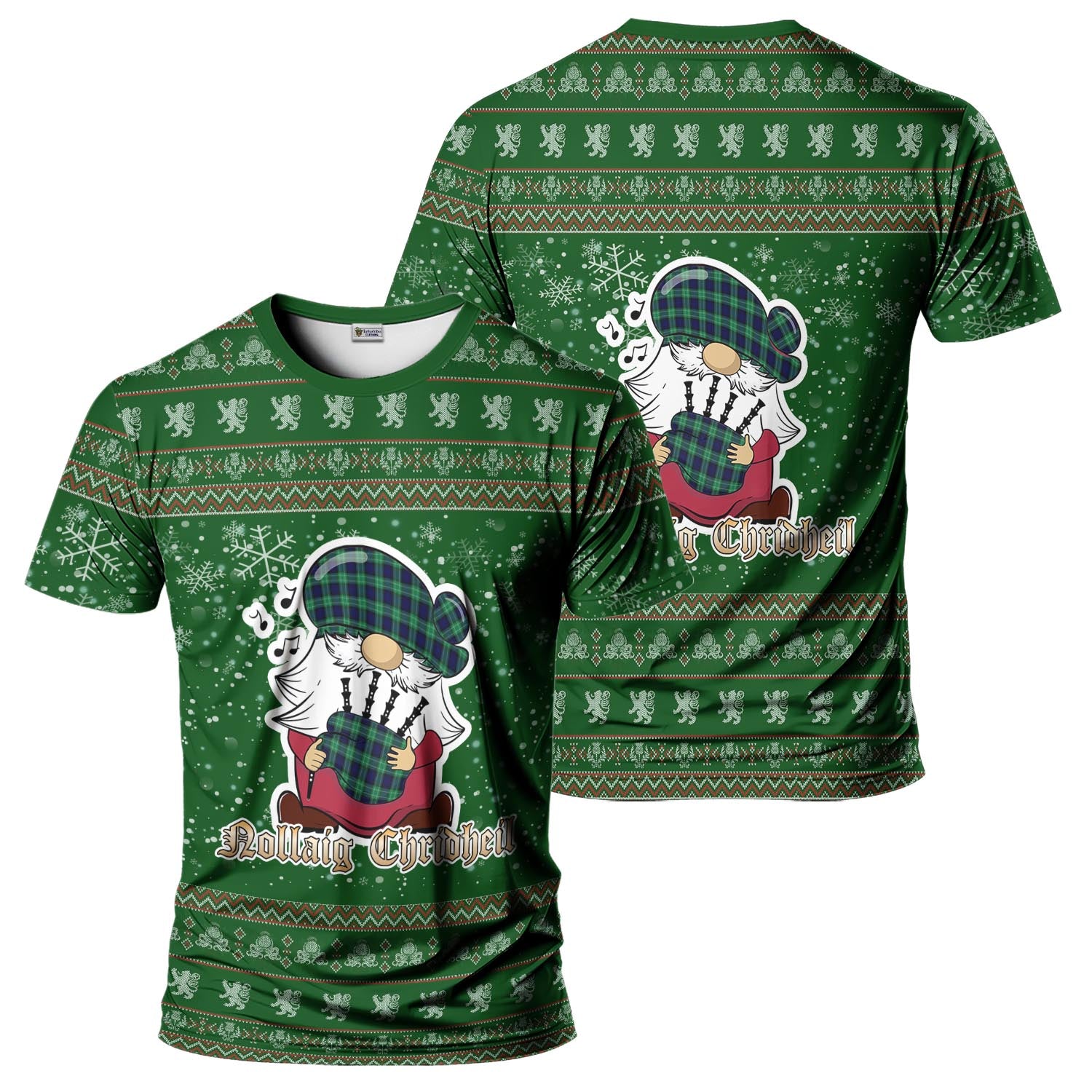 Abercrombie Clan Christmas Family T-Shirt with Funny Gnome Playing Bagpipes Men's Shirt Green - Tartanvibesclothing