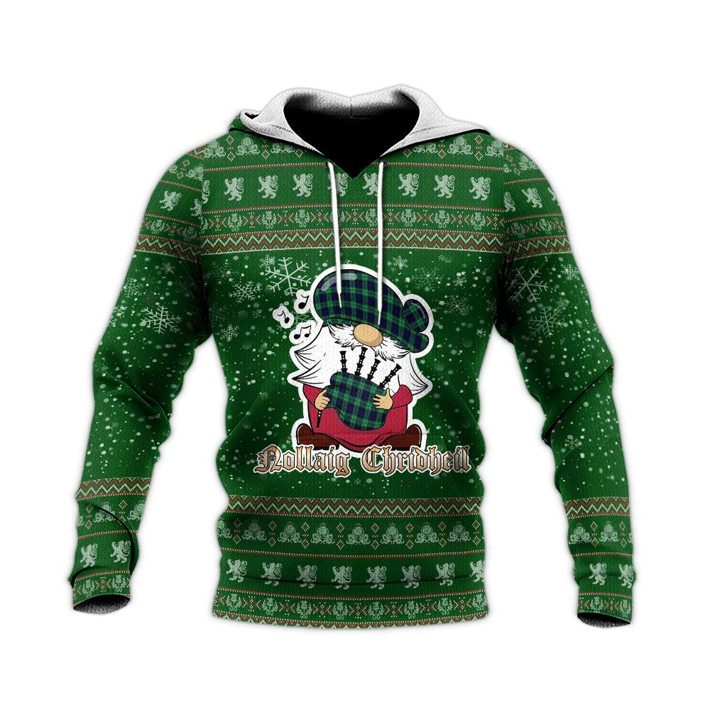 Abercrombie Clan Christmas Knitted Hoodie with Funny Gnome Playing Bagpipes - Tartanvibesclothing