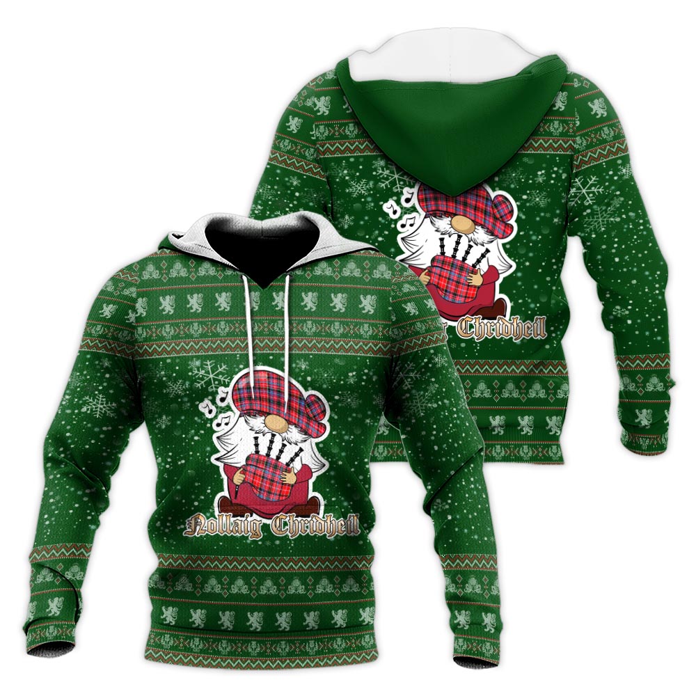 Aberdeen District Clan Christmas Knitted Hoodie with Funny Gnome Playing Bagpipes Green - Tartanvibesclothing