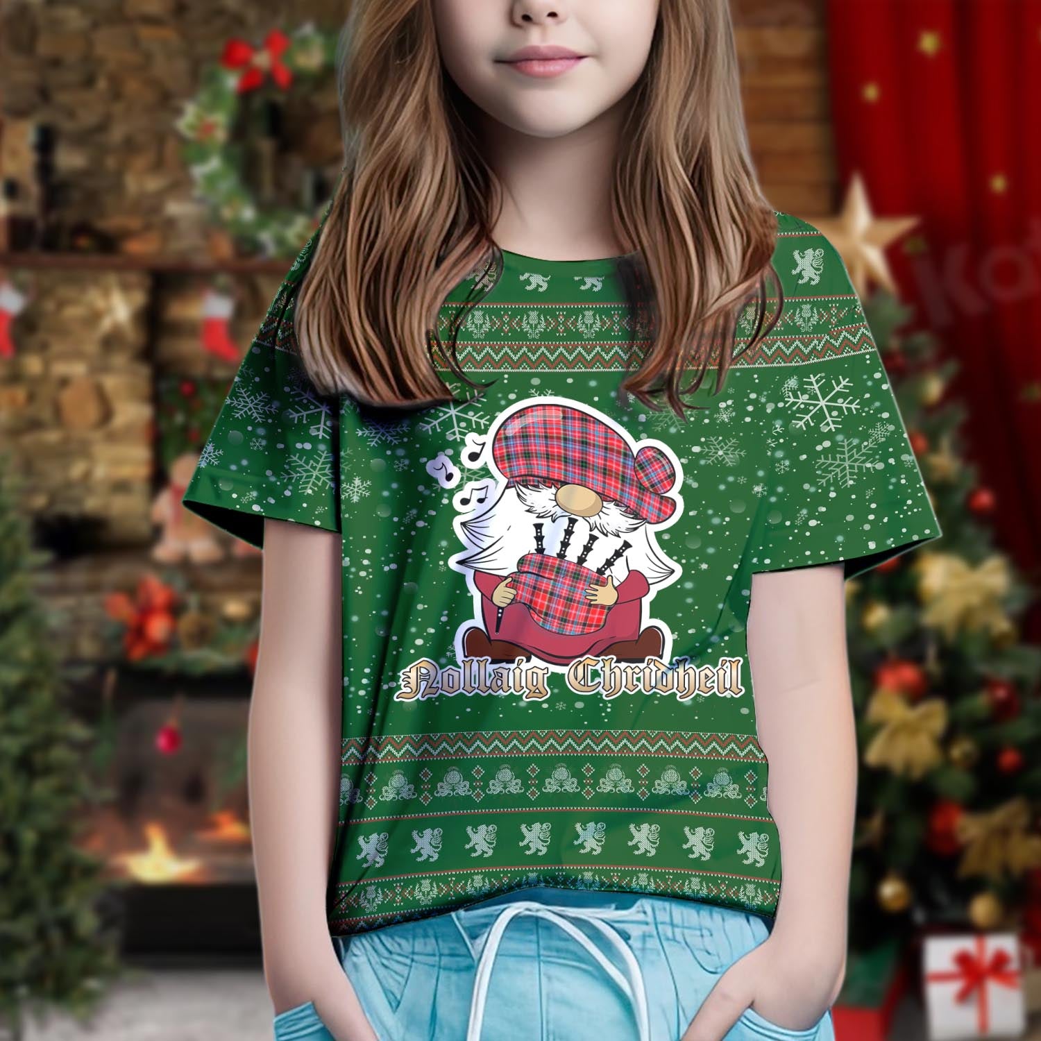 Aberdeen District Clan Christmas Family T-Shirt with Funny Gnome Playing Bagpipes Kid's Shirt Green - Tartanvibesclothing