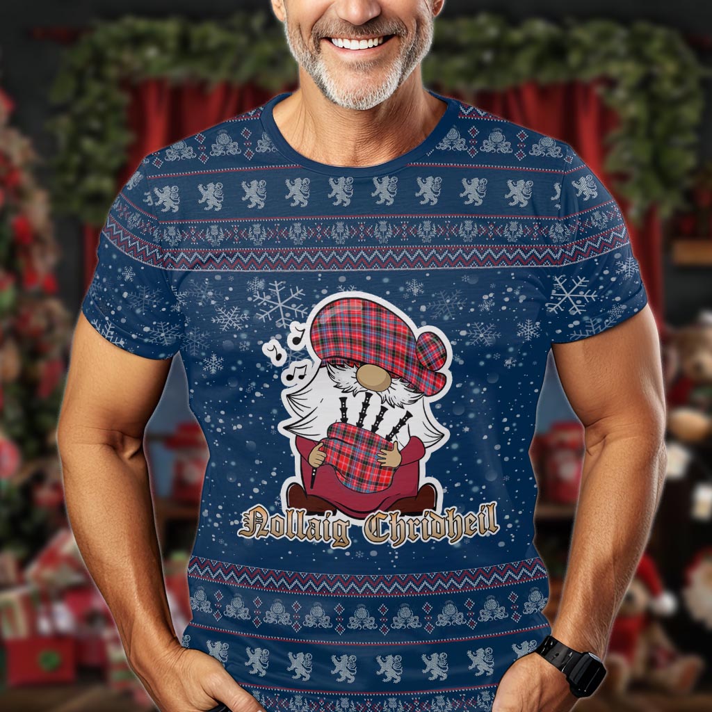 Aberdeen District Clan Christmas Family T-Shirt with Funny Gnome Playing Bagpipes Men's Shirt Blue - Tartanvibesclothing