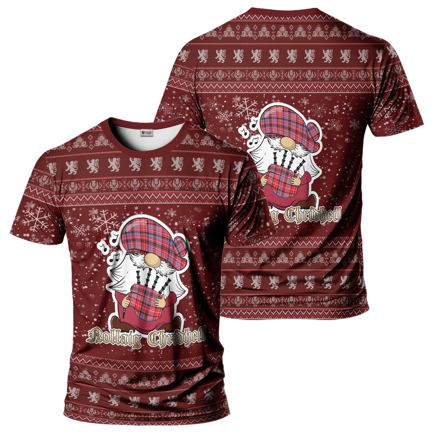 Aberdeen District Clan Christmas Family T-Shirt with Funny Gnome Playing Bagpipes - Tartanvibesclothing
