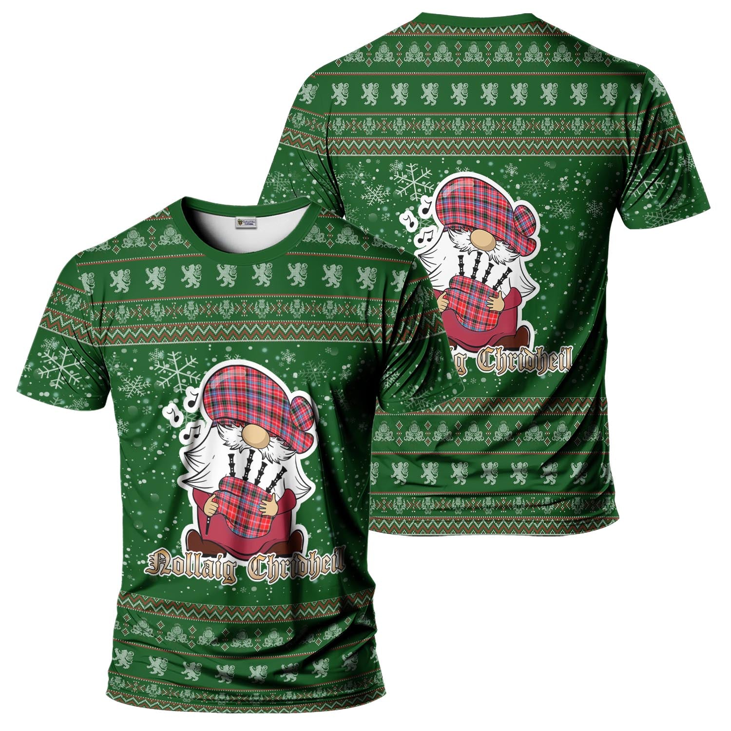 Aberdeen District Clan Christmas Family T-Shirt with Funny Gnome Playing Bagpipes Men's Shirt Green - Tartanvibesclothing