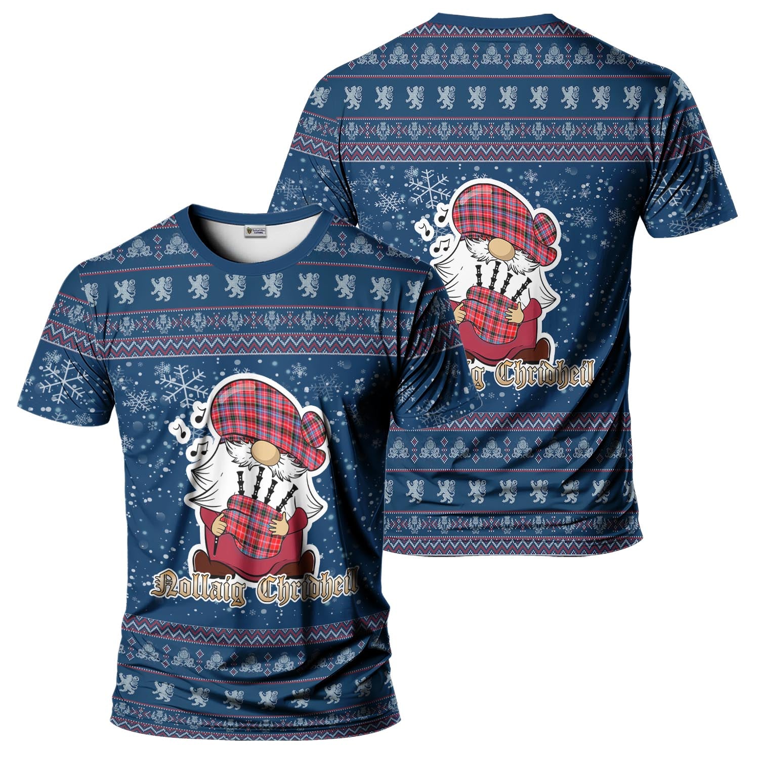 Aberdeen District Clan Christmas Family T-Shirt with Funny Gnome Playing Bagpipes Kid's Shirt Blue - Tartanvibesclothing