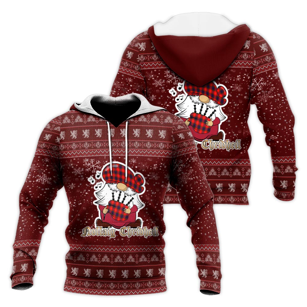 Abernethy Clan Christmas Knitted Hoodie with Funny Gnome Playing Bagpipes Red - Tartanvibesclothing
