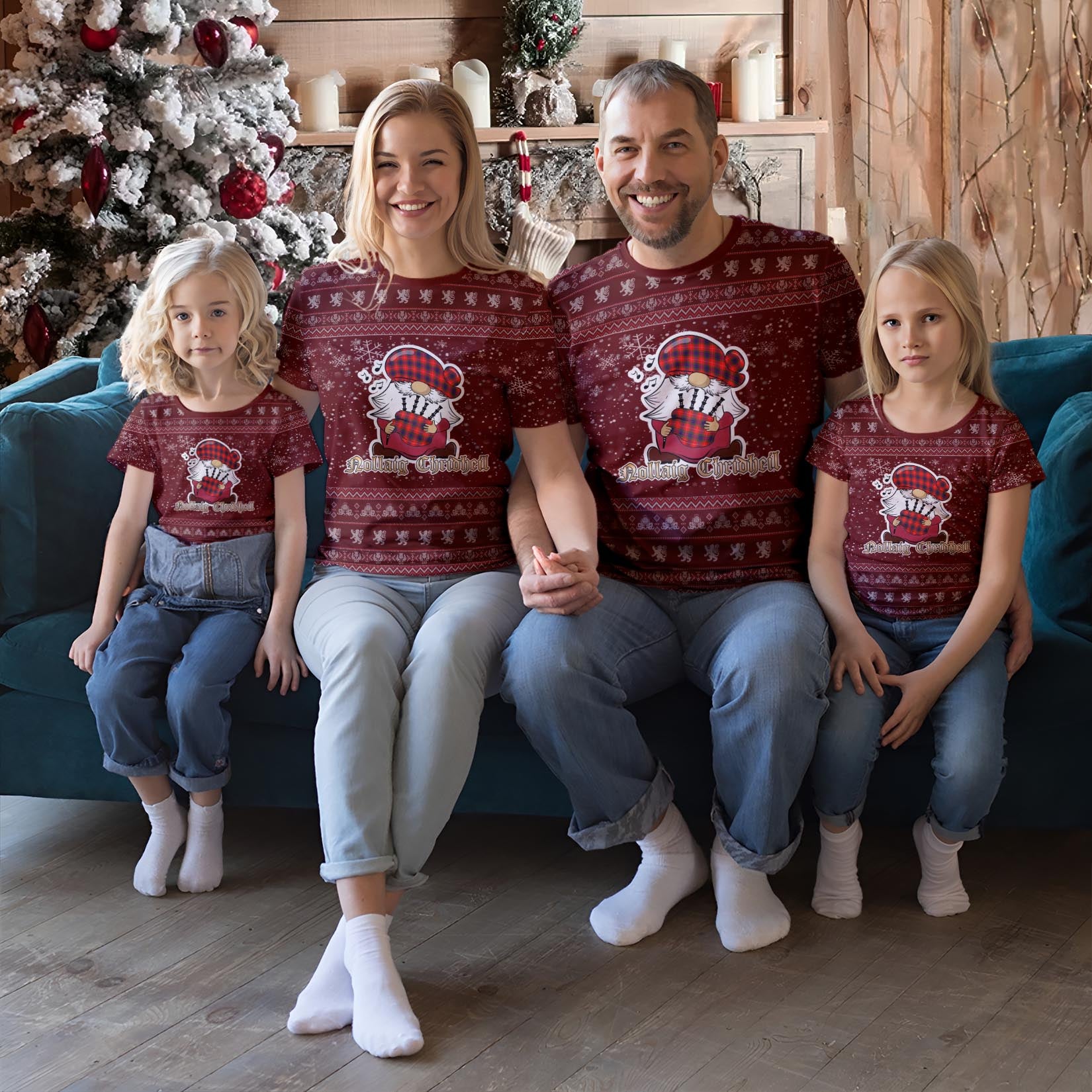 Abernethy Clan Christmas Family T-Shirt with Funny Gnome Playing Bagpipes Red - Tartanvibesclothing