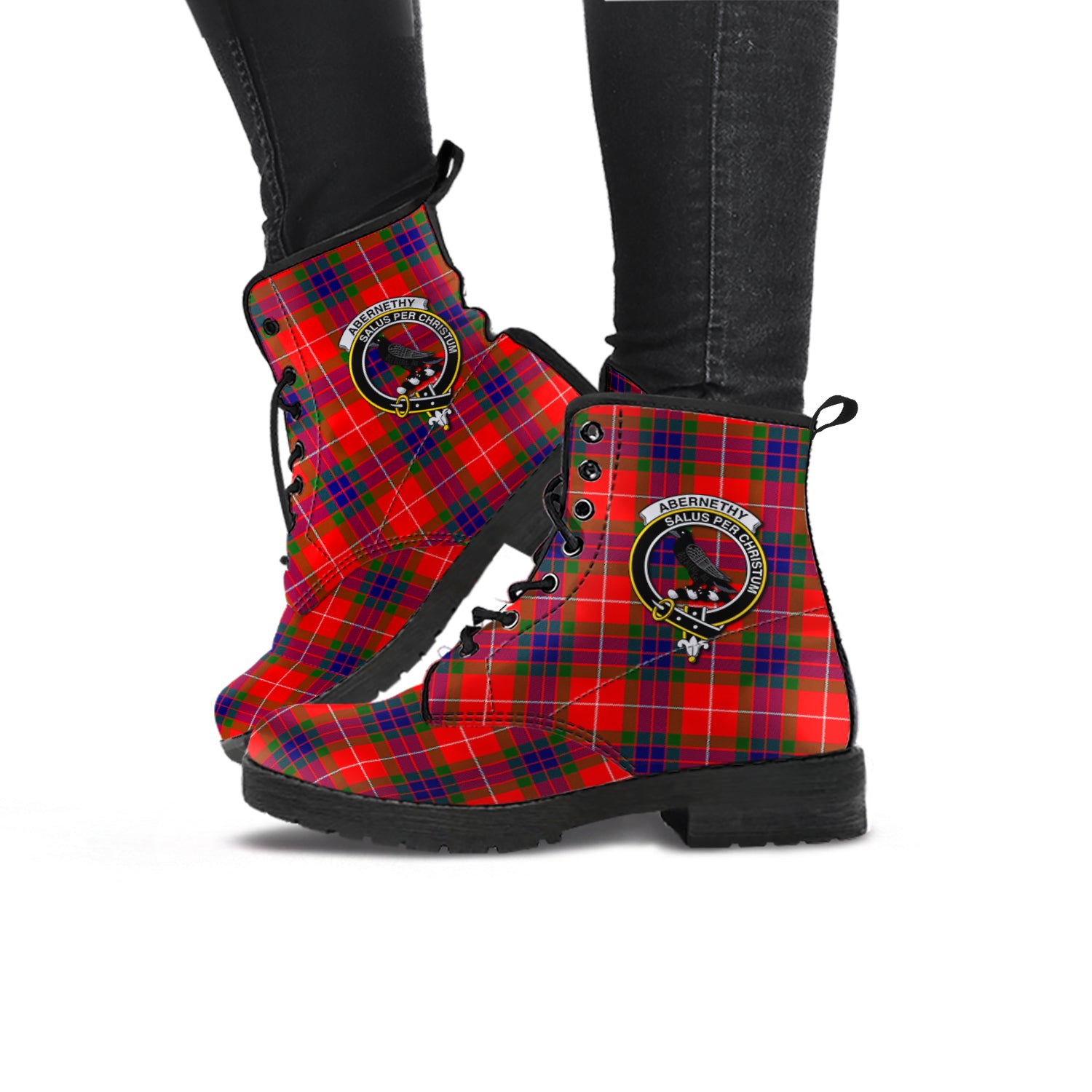Abernethy Tartan Leather Boots with Family Crest - Tartanvibesclothing