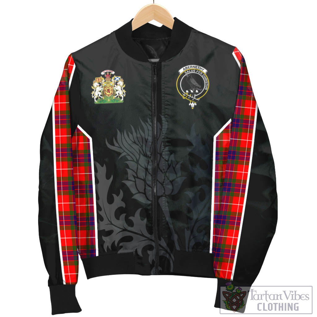 Tartan Vibes Clothing Abernethy Tartan Bomber Jacket with Family Crest and Scottish Thistle Vibes Sport Style