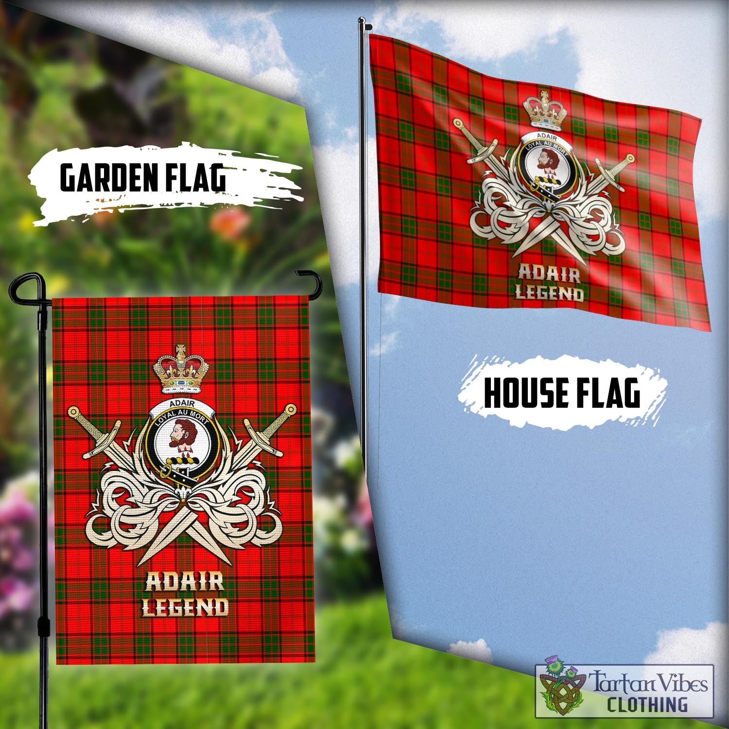 Tartan Vibes Clothing Adair Tartan Flag with Clan Crest and the Golden Sword of Courageous Legacy
