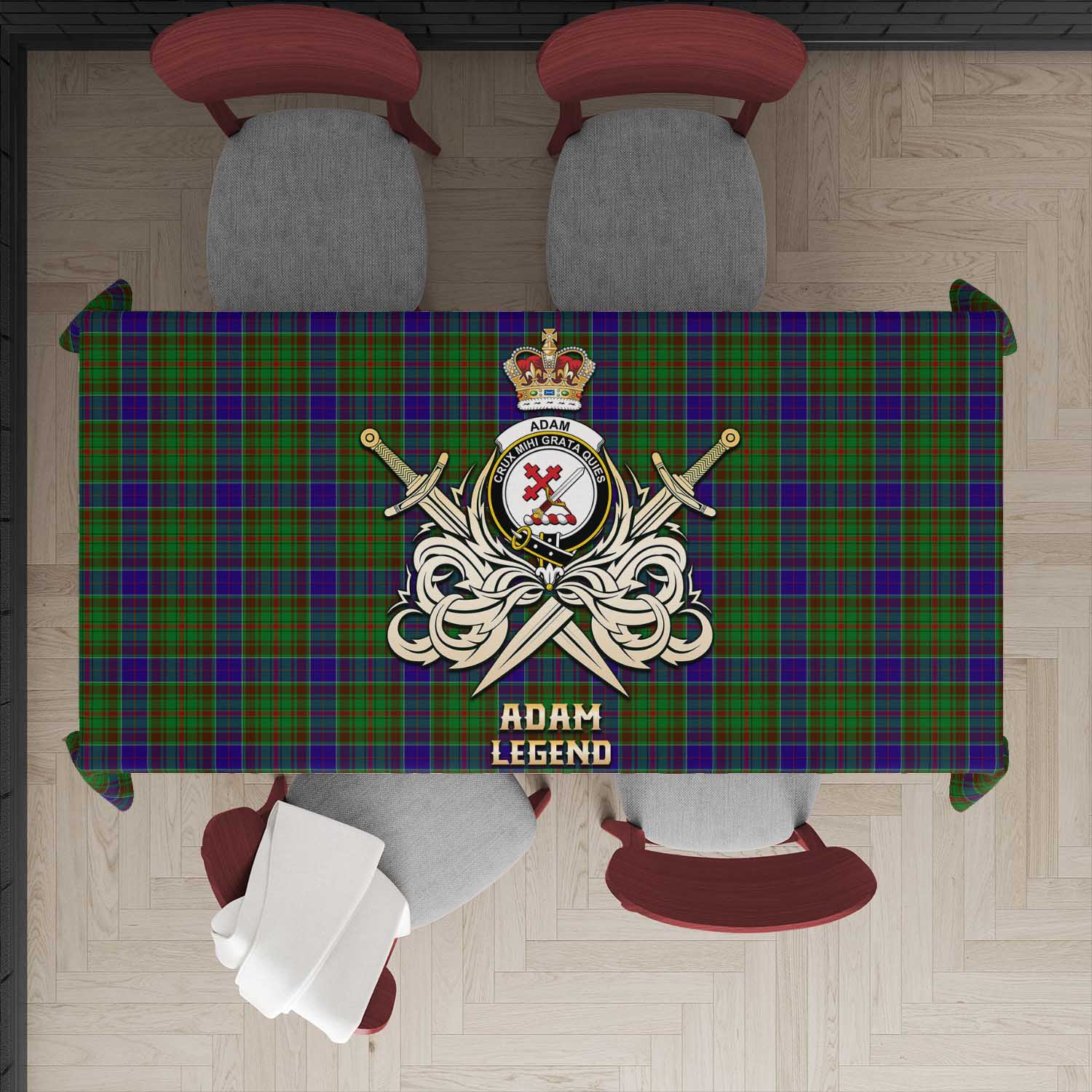 Tartan Vibes Clothing Adam Tartan Tablecloth with Clan Crest and the Golden Sword of Courageous Legacy