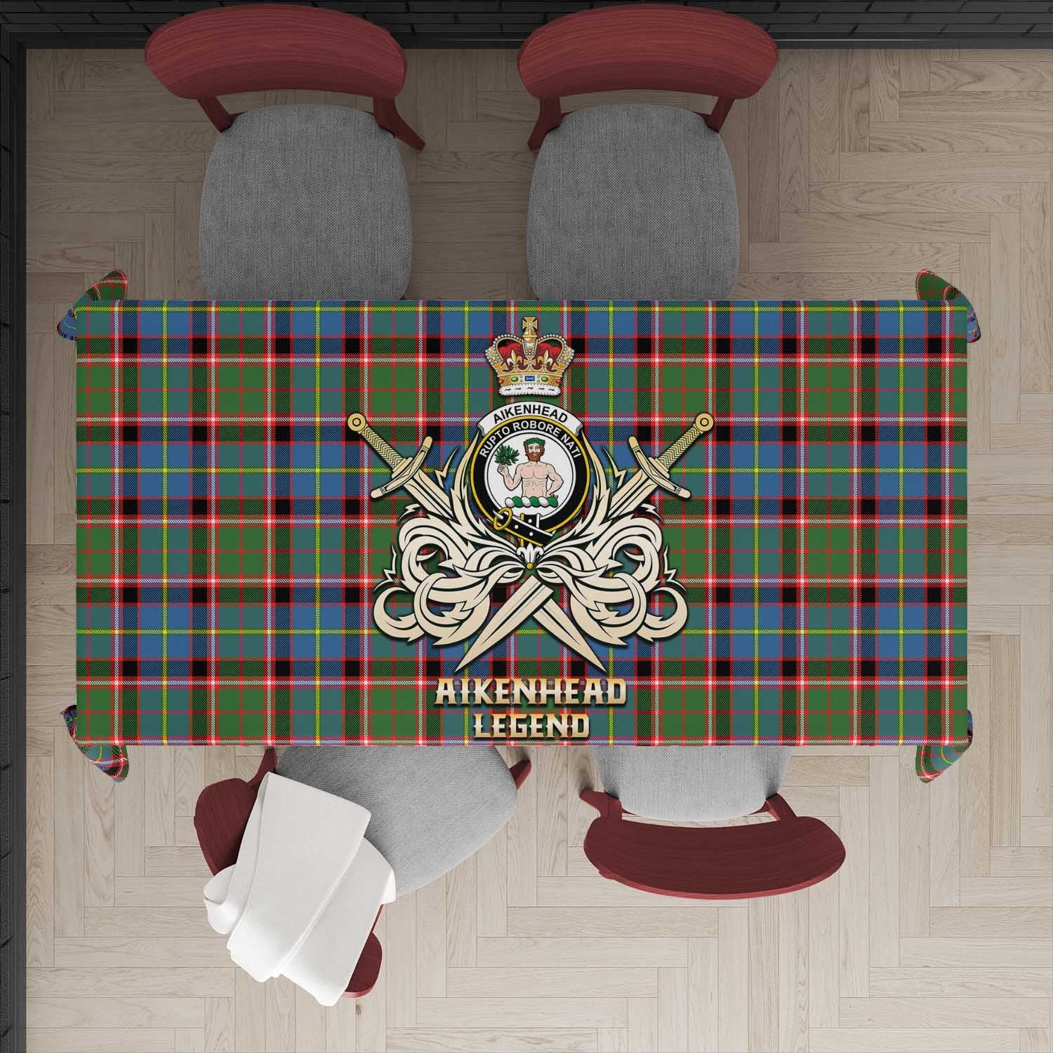 Tartan Vibes Clothing Aikenhead Tartan Tablecloth with Clan Crest and the Golden Sword of Courageous Legacy