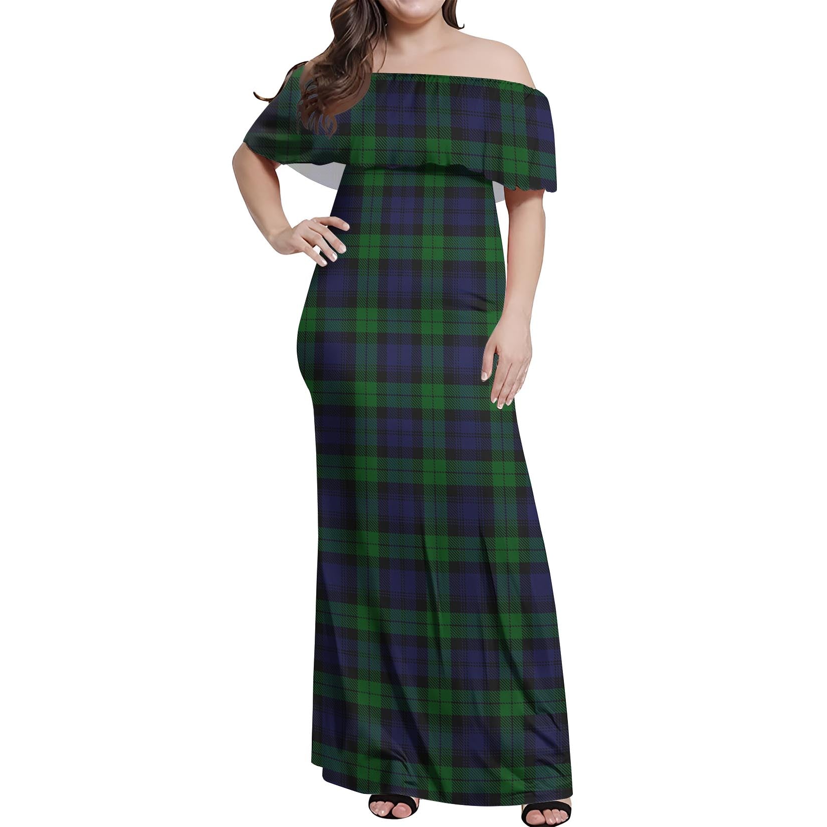 Tartanvibesclothing Black Watch Tartan Off Shoulder Long Dress Tartanvibesclothing Black Watch Tartan Off Shoulder Long Dress