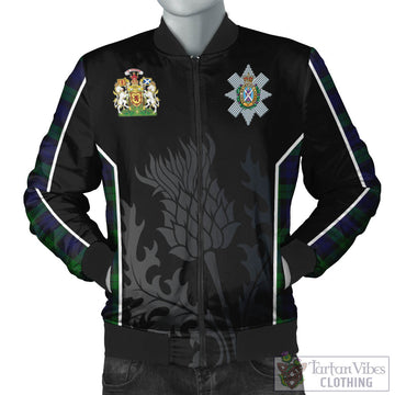 Black Watch Tartan Bomber Jacket with Family Crest and Scottish Thistle Vibes Sport Style