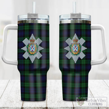 Black Watch Tartan and Family Crest Tumbler with Handle