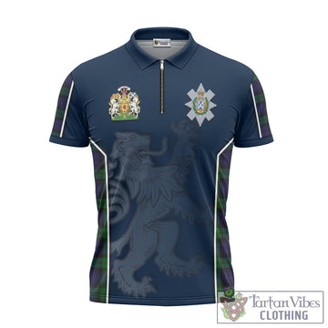 Black Watch Tartan Zipper Polo Shirt with Family Crest and Lion Rampant Vibes Sport Style