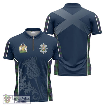 Black Watch Tartan Zipper Polo Shirt with Family Crest and Scottish Thistle Vibes Sport Style