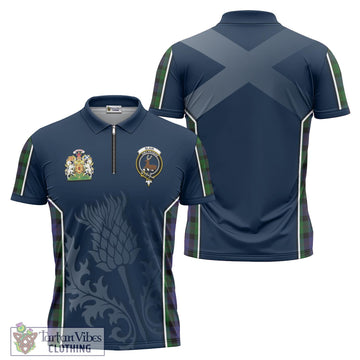 Blair Tartan Zipper Polo Shirt with Family Crest and Scottish Thistle Vibes Sport Style