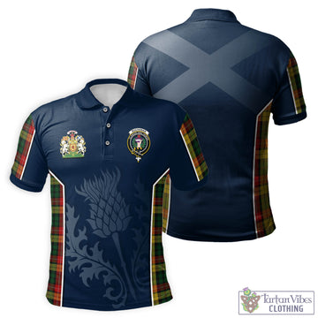 Buchanan Tartan Men's Polo Shirt with Family Crest and Scottish Thistle Vibes Sport Style