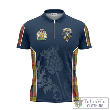 Buchanan Tartan Zipper Polo Shirt with Family Crest and Scottish Thistle Vibes Sport Style
