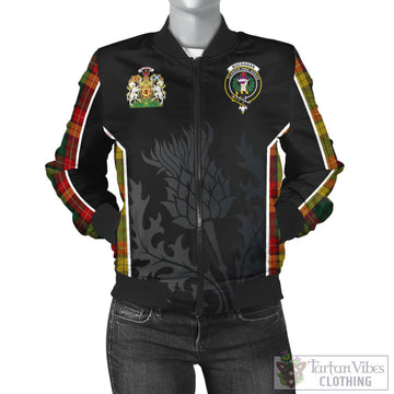 Buchanan Tartan Bomber Jacket with Family Crest and Scottish Thistle Vibes Sport Style
