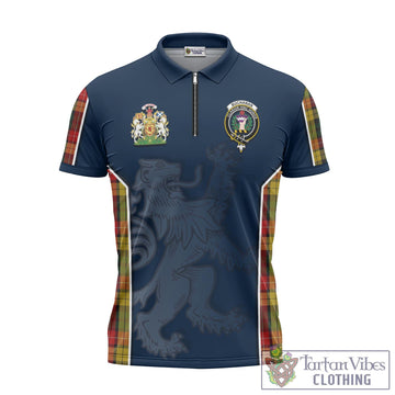 Buchanan Tartan Zipper Polo Shirt with Family Crest and Lion Rampant Vibes Sport Style