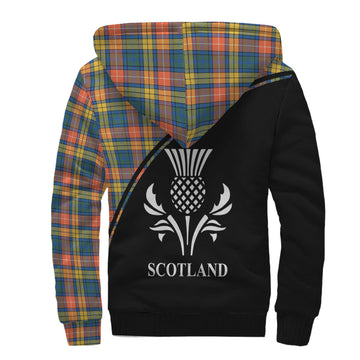 Buchanan Ancient Tartan Sherpa Hoodie with Family Crest Curve Style