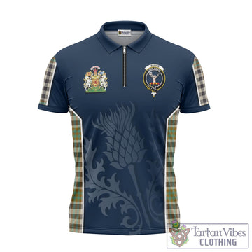 Burns Check Tartan Zipper Polo Shirt with Family Crest and Scottish Thistle Vibes Sport Style