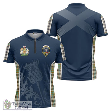 Burns Check Tartan Zipper Polo Shirt with Family Crest and Scottish Thistle Vibes Sport Style