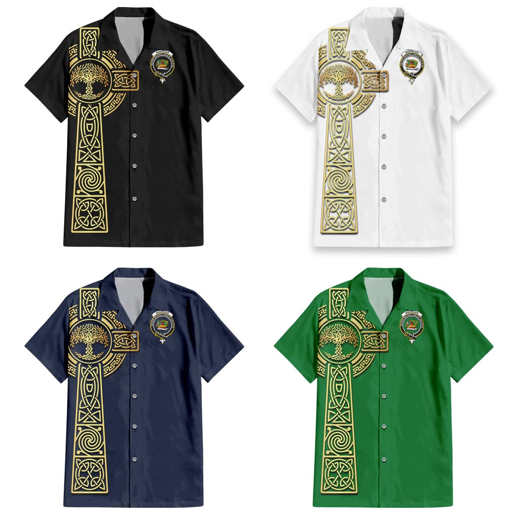 Douglas Clan Mens Short Sleeve Button Up Shirt with Golden Celtic Tree Of Life - Tartanvibesclothing