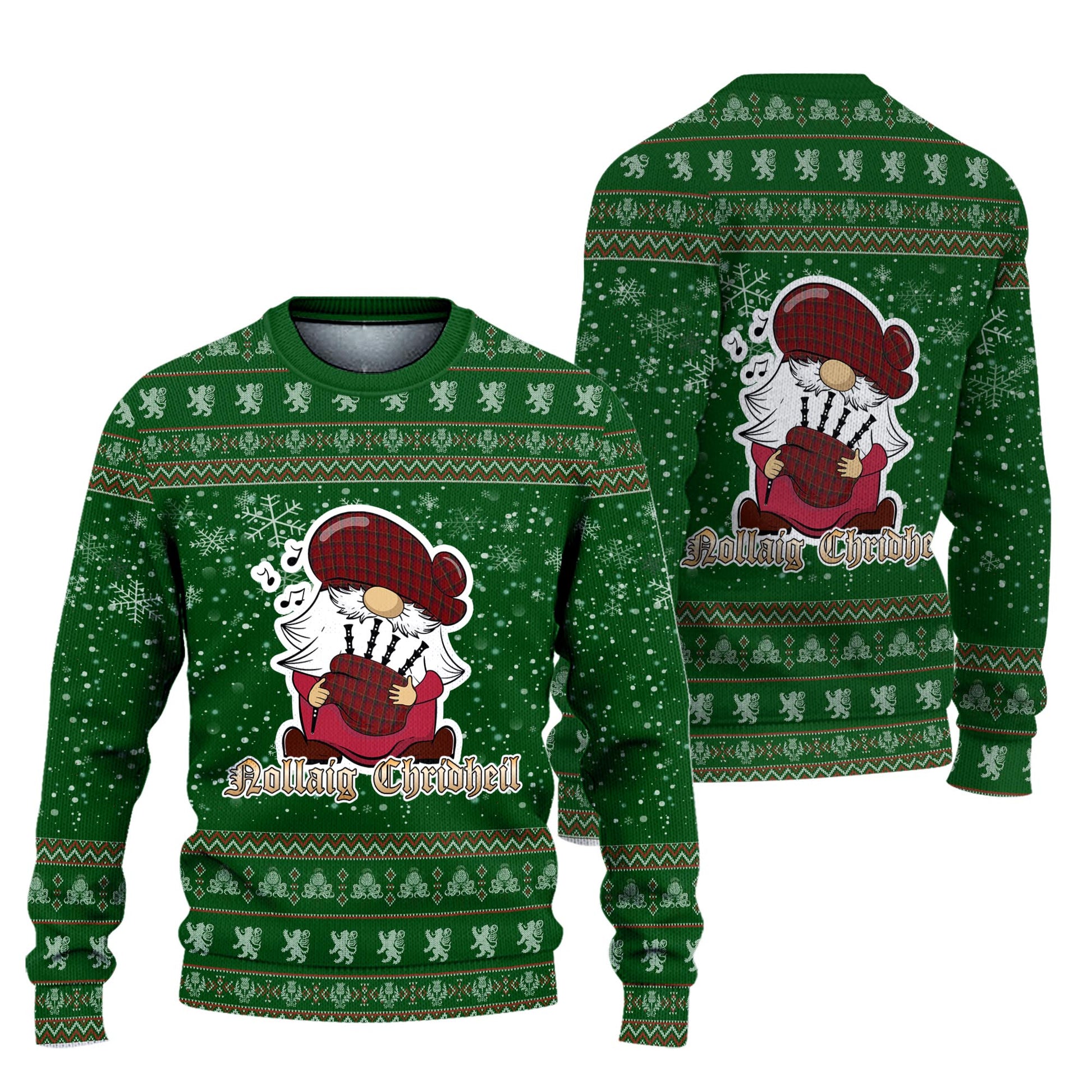 Galway County Ireland Clan Christmas Family Knitted Sweater with Funny Gnome Playing Bagpipes Unisex Green - Tartanvibesclothing