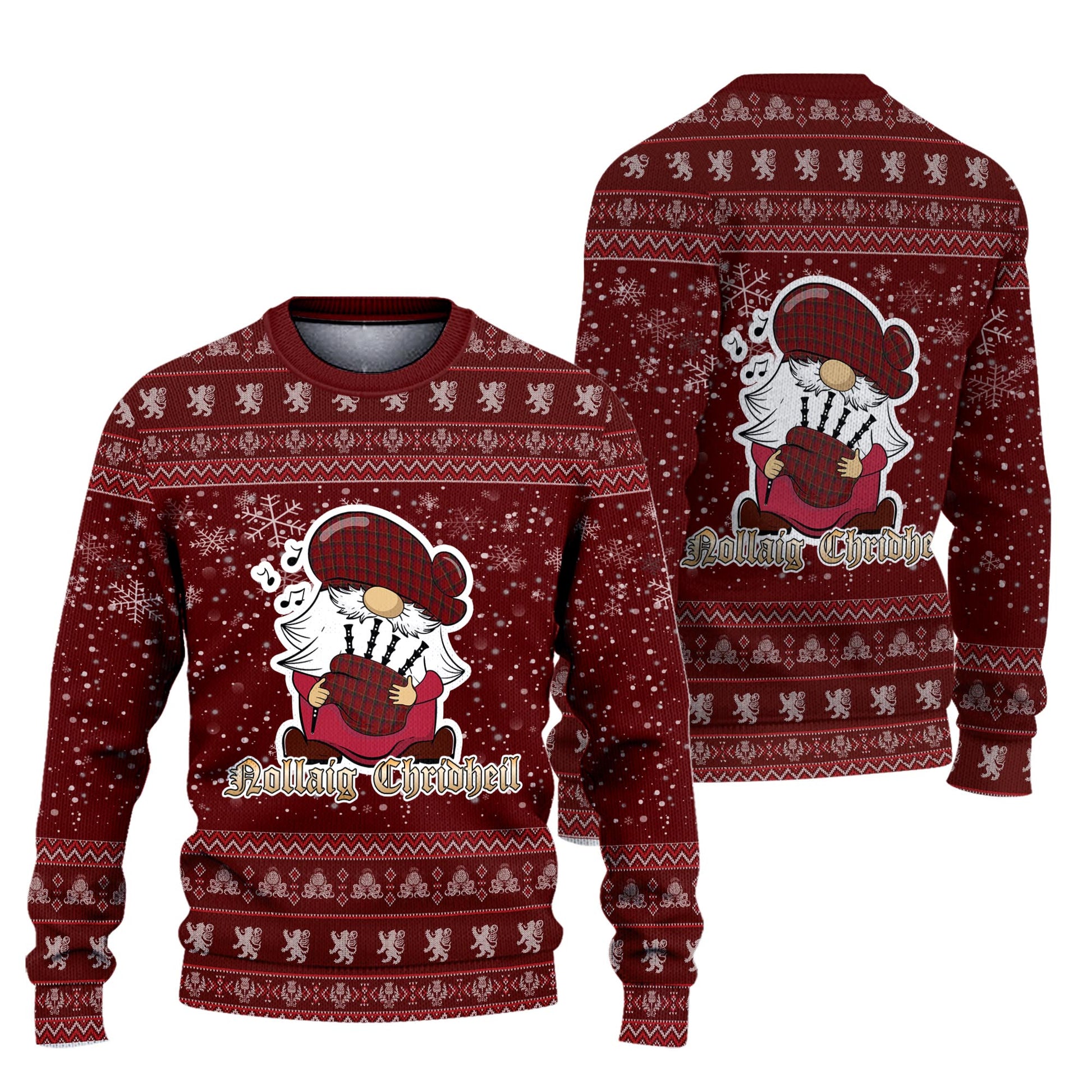 Galway County Ireland Clan Christmas Family Knitted Sweater with Funny Gnome Playing Bagpipes Unisex Red - Tartanvibesclothing