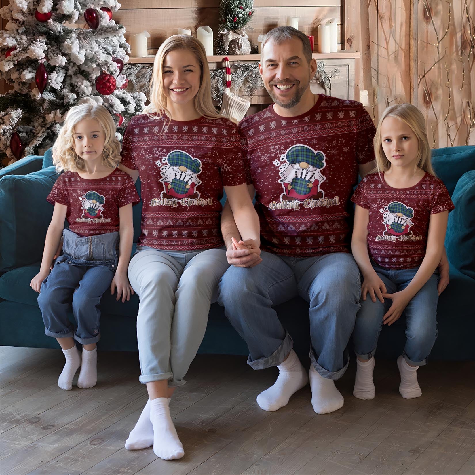 Gordon Ancient Clan Christmas Family T-Shirt with Funny Gnome Playing Bagpipes Red - Tartanvibesclothing