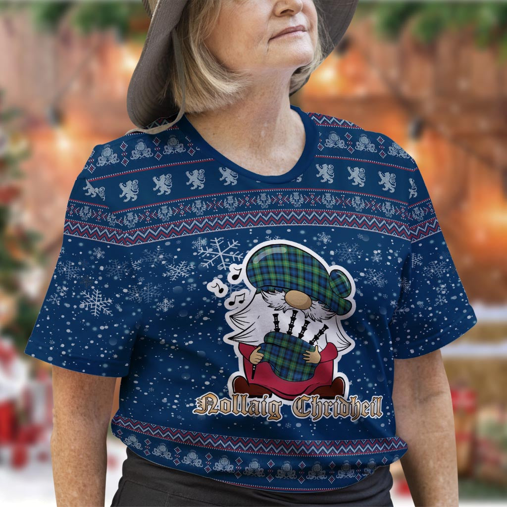 Gordon Ancient Clan Christmas Family T-Shirt with Funny Gnome Playing Bagpipes Women's Shirt Blue - Tartanvibesclothing
