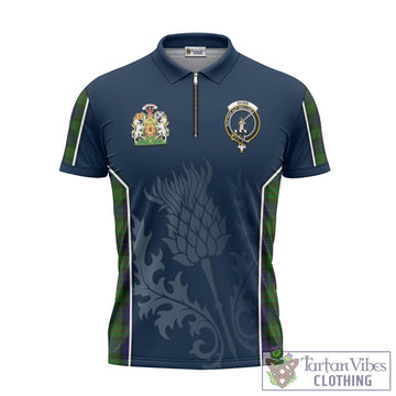 Gunn Tartan Zipper Polo Shirt with Family Crest and Scottish Thistle Vibes Sport Style