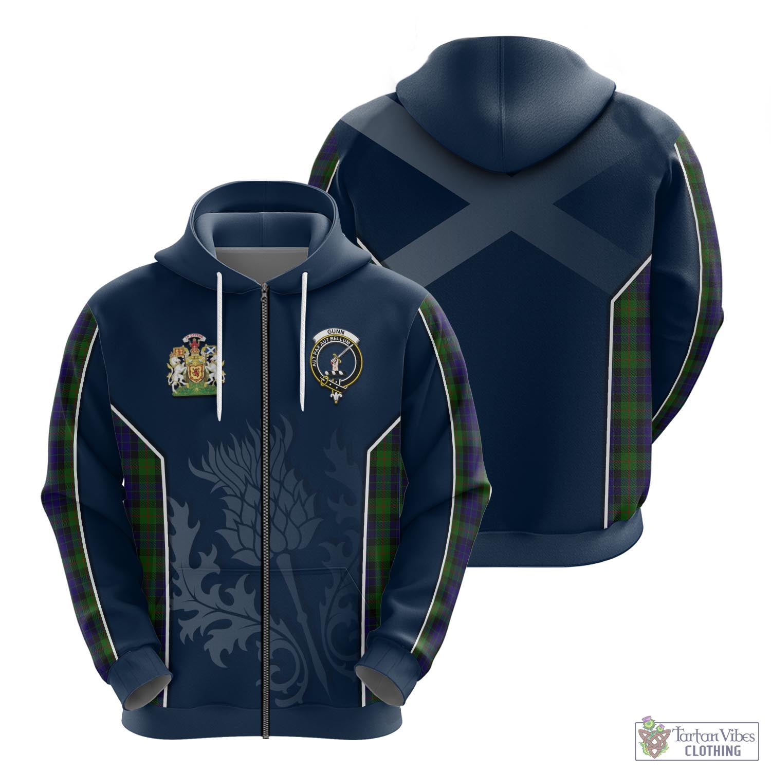 Tartan Vibes Clothing Gunn Tartan Hoodie with Family Crest and Scottish Thistle Vibes Sport Style