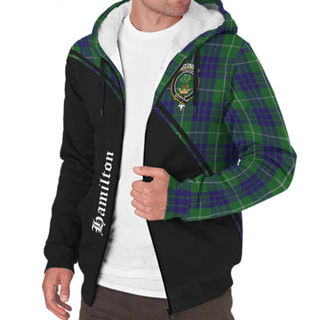 Hamilton Green Hunting Tartan Sherpa Hoodie with Family Crest Curve Style