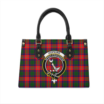 Hopkirk Tartan Leather Bag with Family Crest