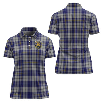 MacPherson Dress Blue Tartan Polo Shirt with Family Crest For Women