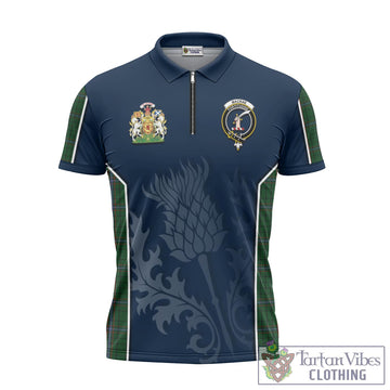 MacRae Tartan Zipper Polo Shirt with Family Crest and Scottish Thistle Vibes Sport Style